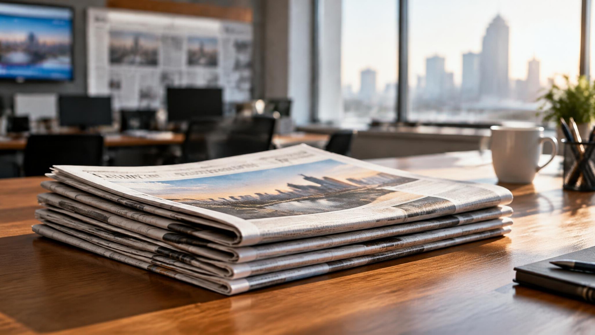 Stack of newspapers on a table